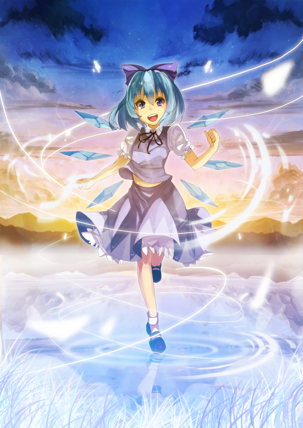 1girl :d abi_(abimel10) bangs black_ribbon blue_eyes blue_hair blue_skirt blue_vest blush bobby_socks bow cirno full_body hair_between_eyes hair_bow highres ice ice_wings looking_at_viewer mary_janes misty_lake neck_ribbon open_mouth outdoors puffy_short_sleeves puffy_sleeves ribbon shoes short_hair short_sleeves skirt skirt_set smile socks solo standing standing_on_liquid touhou vest wings