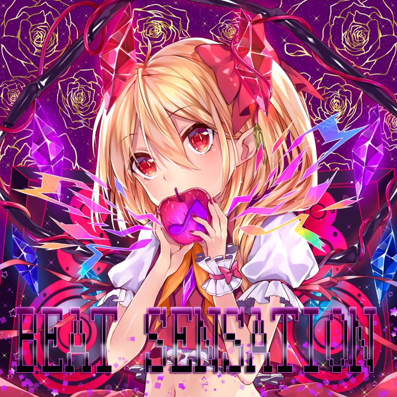 1girl apple ascot blonde_hair blush bow commentary_request crop_top crystal english flandre_scarlet food fruit hair_between_eyes hair_bow komazuki_(komaworks240) looking_at_viewer musical_note navel pointy_ears puffy_short_sleeves puffy_sleeves red_bow red_eyes short_sleeves side_ponytail slit_pupils solo title touhou upper_body wings wrist_cuffs