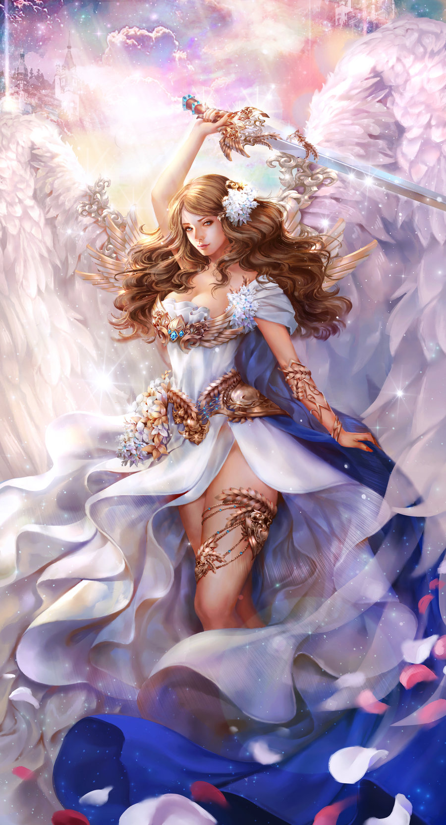 1girl angel_wings arm_up bracelet brown_hair clouds dress flower hair_flower hair_ornament highres holding holding_sword holding_weapon jewelry long_hair nail_polish red_nails solan solo standing sword weapon white_dress white_wings wings