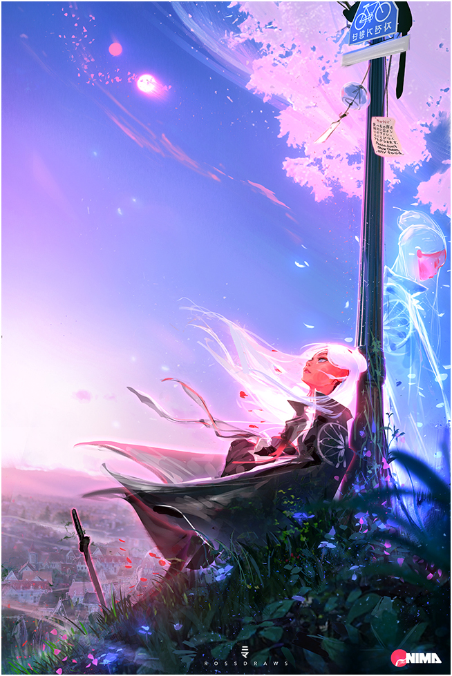 1girl black_cat blue_eyes cat day facial_mark forehead_mark ghost hair_bun long_hair looking_up nima_(ross_tran) original planted_sword planted_weapon red_skin road_sign ross_tran sign sitting solo_focus sword weapon white_hair wind wind_lift