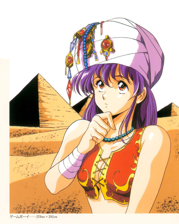 1girl bandage bead_necklace beads breasts cleavage desert gem hand_on_own_chin jewelry long_hair necklace outdoors red_eyes sand solo thinking turban upper_body urushihara_satoshi