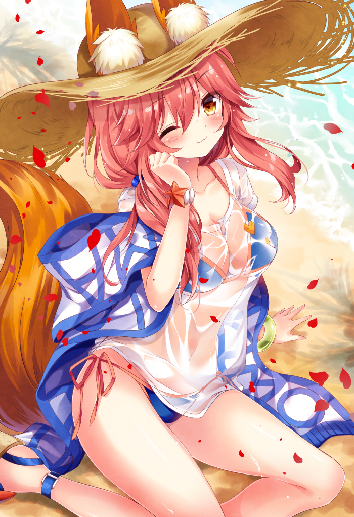 1girl ;3 animal_ears arm_support bangs beach bikini bikini_under_clothes blue_bikini blush bracelet breasts cleavage covered_navel day ears_through_headwear eyebrows_visible_through_hair fate/grand_order fate_(series) fox_ears fox_tail hat head_tilt jewelry long_hair looking_at_viewer low_twintails medium_breasts nogi_takayoshi one_eye_closed outdoors petals pink_hair sand sandals see-through shawl shirt side-tie_bikini sitting smile solo star straw_hat sun_hat swimsuit tail tamamo_(fate)_(all) tamamo_no_mae_(swimsuit_lancer)_(fate) twintails water wet wet_clothes wet_shirt yellow_eyes