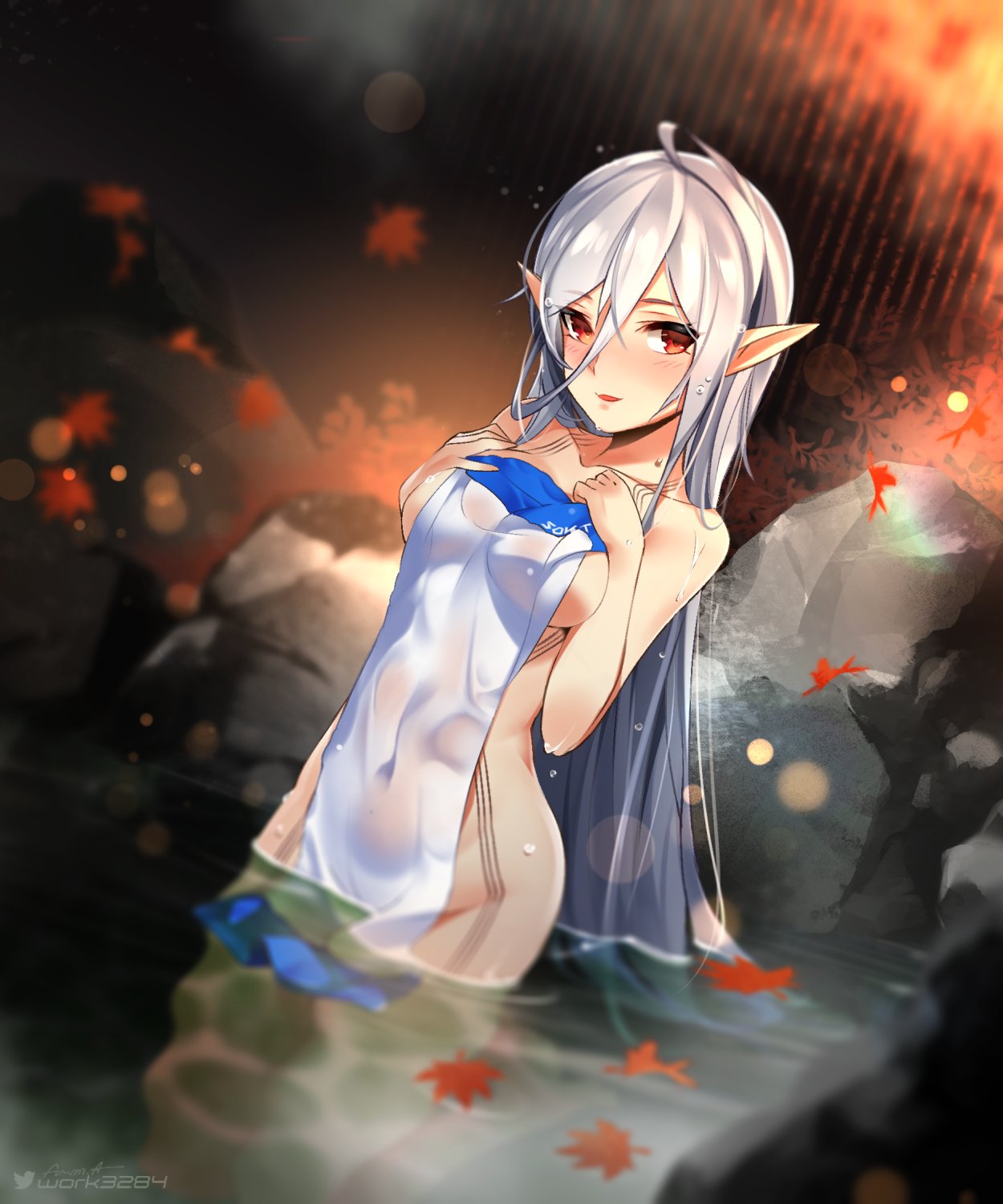 1girl ahoge bare_shoulders blurry blush bokeh breasts collarbone covered_navel covering depth_of_field dutch_angle fu-mi.a hair_between_eyes hands_on_own_chest highres leaf long_hair maple_leaf medium_breasts naked_towel nude_cover onsen ortlinde=nblg=valkyria outdoors pointy_ears red_eyes silver_hair smile solo sound_voltex steam towel very_long_hair wading wet wet_hair