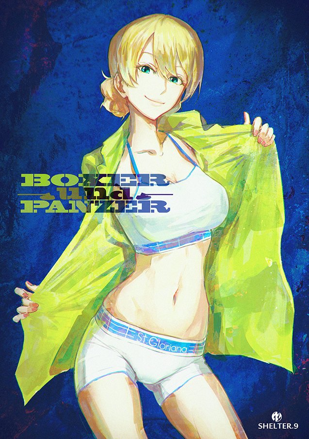1girl blonde_hair boxer_briefs braid breasts cleavage contrapposto darjeeling english french_braid girls_und_panzer green_eyes groin large_breasts nail_polish navel open_clothes short_hair smile solo sports_bra strap_gap total