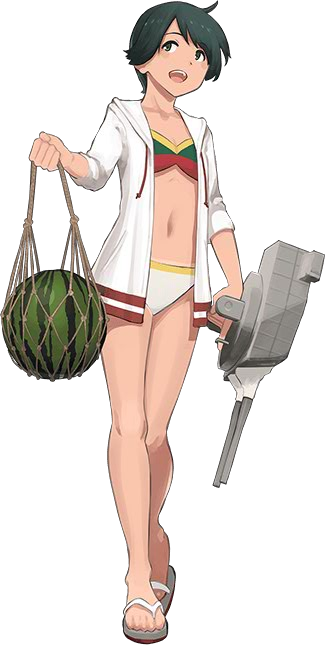 1girl basket bikini black_hair food fruit kantai_collection mogami_(kantai_collection) sandals shibafu_(glock23) short_hair smile sweater swimsuit transparent_background turret watermelon