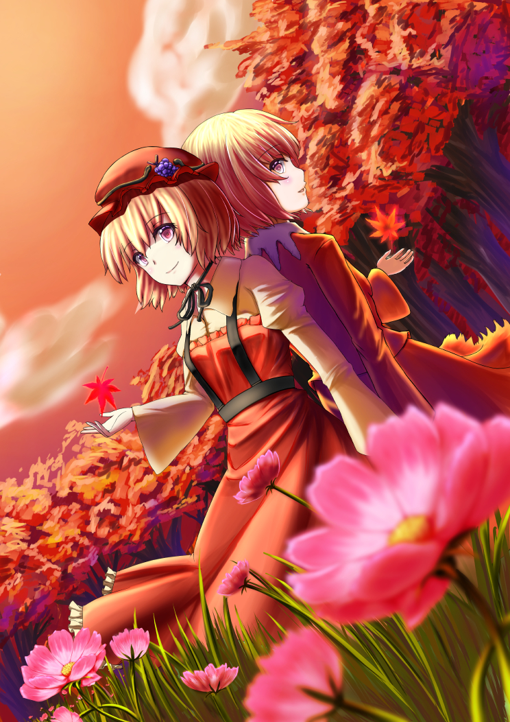 2girls aki_minoriko aki_shizuha autumn autumn_leaves back-to-back bangs black_ribbon blonde_hair blurry blush brown_eyes depth_of_field dress flower food fruit grapes grass hat juliet_sleeves leaf long_sleeves looking_at_viewer luke_(kyeftss) maple_leaf mob_cap multiple_girls neck_ribbon orange_dress outdoors puffy_sleeves red_eyes ribbon short_hair siblings sisters smile touhou