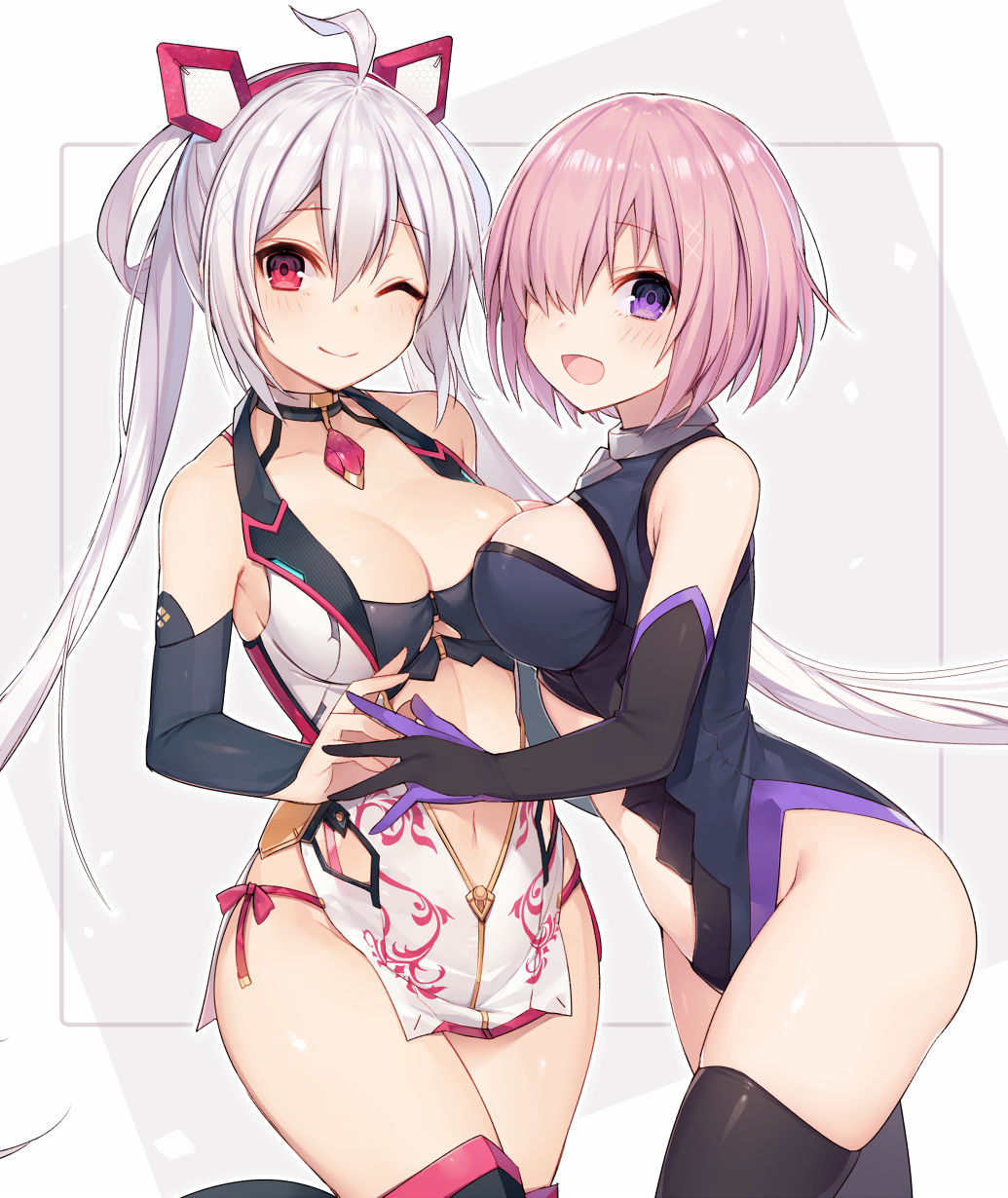 2girls :d ;) ahoge bangs black_gloves black_legwear black_leotard blush breasts cleavage closed_mouth collarbone detached_sleeves elbow_gloves fate/grand_order fate_(series) gloves hair_between_eyes hair_over_one_eye hairband hand_holding highres large_breasts leotard long_hair looking_at_viewer matoi_(pso2) multiple_girls muryou navel one_eye_closed open_mouth phantasy_star phantasy_star_online_2 red_eyes shielder_(fate/grand_order) short_hair sidelocks silver_hair smile thigh-highs thighs twintails violet_eyes