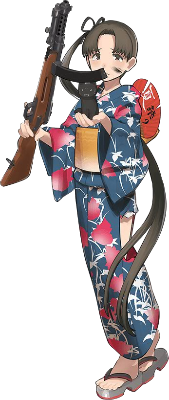 1girl :3 angry ayanami_(kantai_collection) brown_hair cat fan gun japanese_clothes kantai_collection kimono long_hair machine_gun magazine official_art shibafu_(glock23) side_ponytail tears torn_clothes weapon yukata