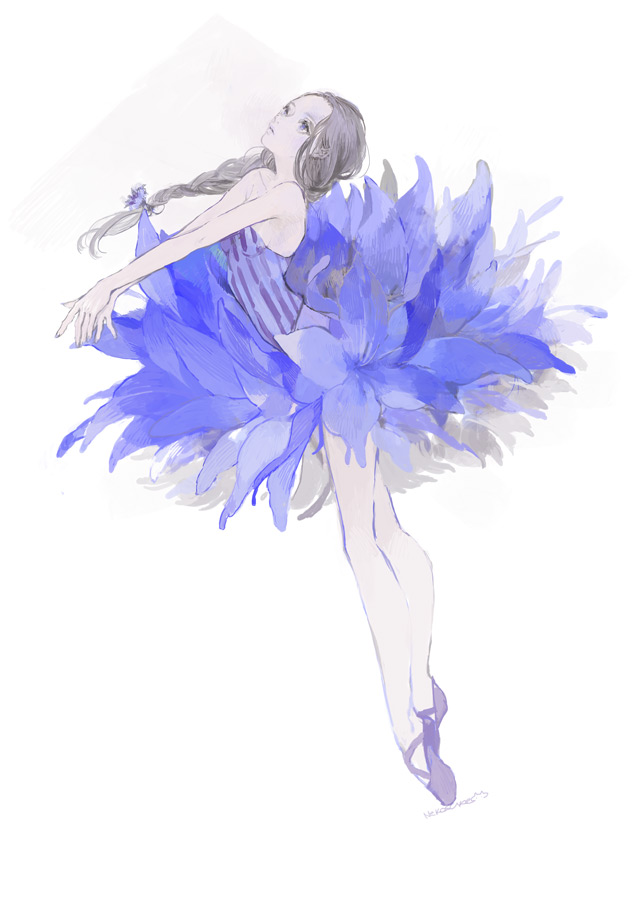 1girl ballerina ballet_slippers bare_arms bare_shoulders blue_dress blue_eyes braid commentary_request cornflower dress expressionless flower from_side full_body grey_hair hair_flower hair_ornament long_hair looking_up nekosuke_(oxo) original outstretched_arms simple_background single_braid solo strapless striped tutu vertical_stripes white_background