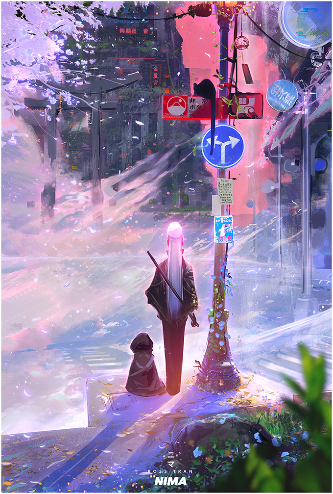 1girl bag black_cat cat from_behind full_body ice japanese_clothes long_hair nima_(ross_tran) original road_sign ross_tran sign solo_focus white_hair