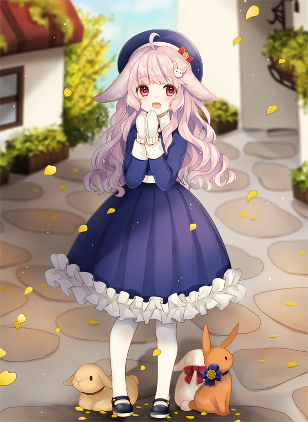 1girl :d ahoge animal_ears black_shoes blue_hat blue_shirt blue_skirt blush bow bunny_hair_ornament clouds collared_shirt commentary_request day eyebrows_visible_through_hair frilled_skirt frills full_body hair_ornament hands_together hat hat_bow house ichinose_(sorario) long_hair looking_at_viewer mary_janes mittens open_mouth original outdoors pantyhose petals pink_hair plant rabbit rabbit_ears red_eyes red_ribbon ribbon shirt shoes skirt sky smile solo standing wavy_hair white_legwear