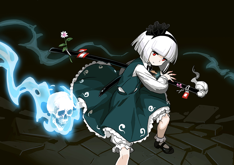 1girl bow fighting_stance flower ghost hair_bow hime_cut katana konpaku_youmu konpaku_youmu_(ghost) looking_at_viewer red_eyes seeker short_hair skirt skull solo sword touhou vest weapon white_hair