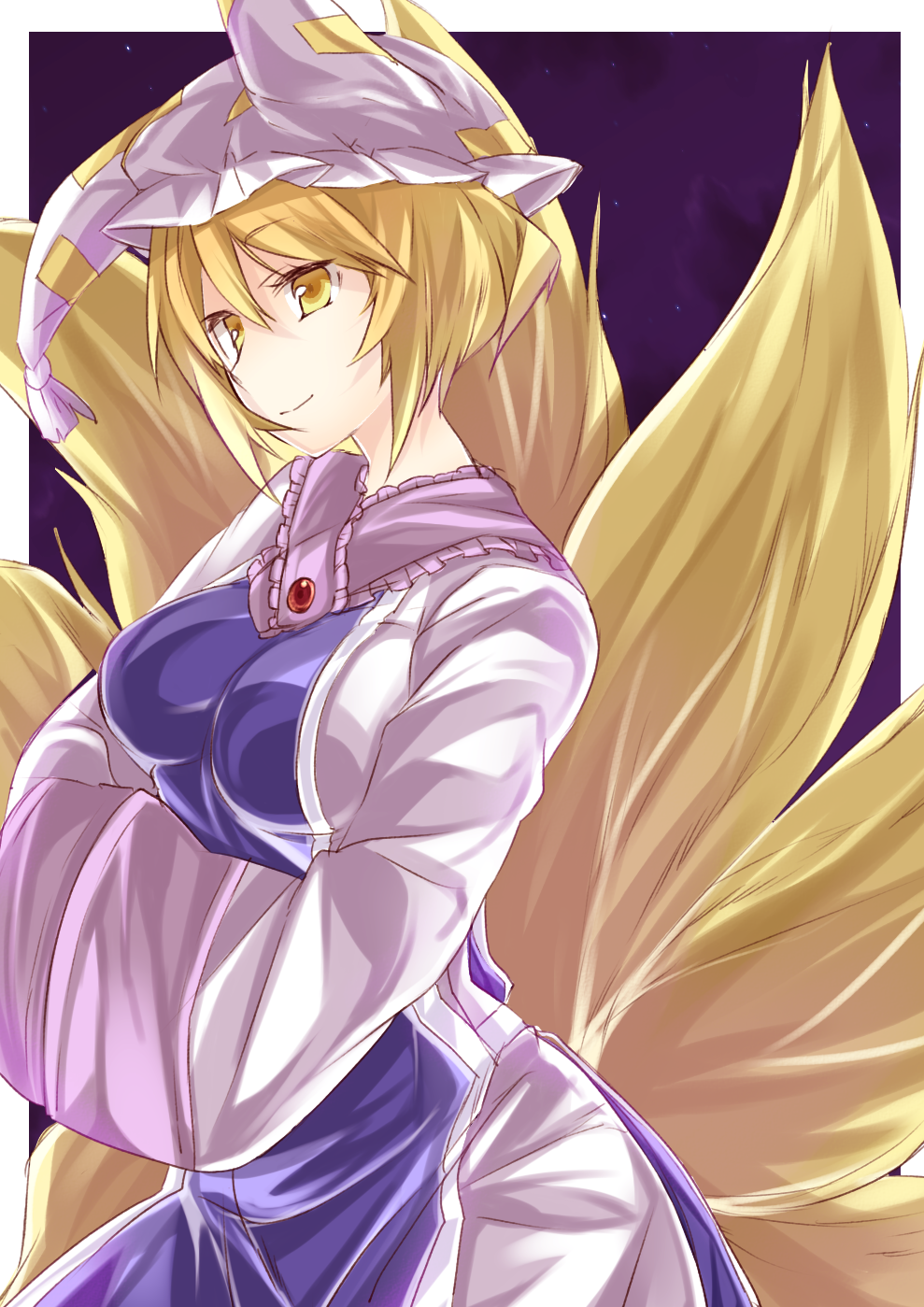 1girl blonde_hair blush breasts chada_atariatama cowboy_shot dress fox_tail from_side hands_in_sleeves hat highres kyuubi looking_away medium_breasts multiple_tails pillow_hat short_hair solo tabard tail tassel touhou white_dress wide_sleeves yakumo_ran yellow_eyes