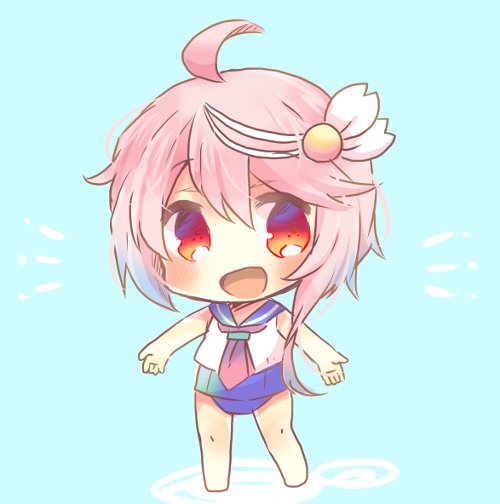 1girl blue_background blue_swimsuit chibi full_body i-58_(kantai_collection) kantai_collection kouu_hiyoyo looking_at_viewer neckerchief outstretched_arms pink_eyes red_eyes school_swimsuit school_uniform serafuku short_hair simple_background solo standing swimsuit swimsuit_under_clothes