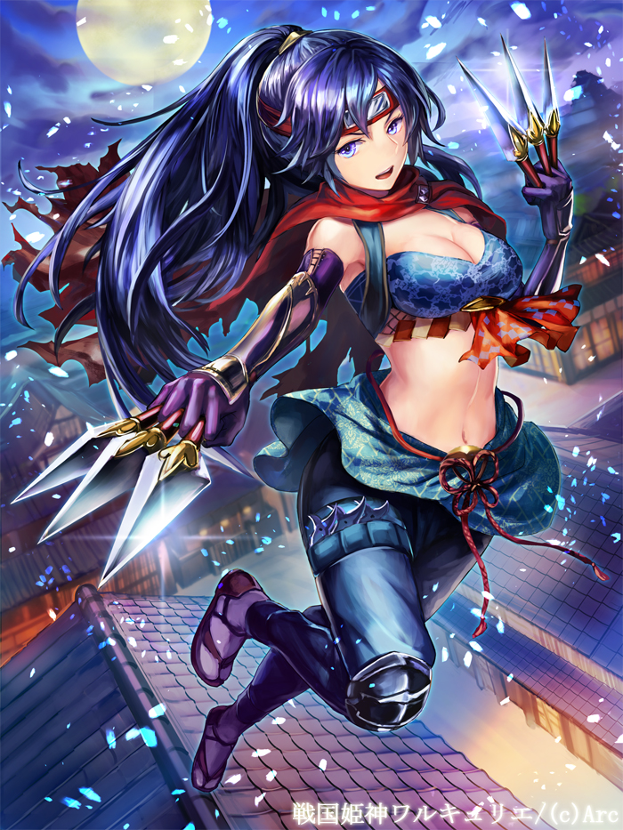 &gt;:) 1girl armor bandeau black_hair blue_eyes breasts cleavage elbow_gloves foreshortening full_body full_moon glint gloves headband holster japanese_armor karasuba_yomi kote kunai large_breasts long_hair looking_at_viewer moon navel night ninja official_art on_roof parted_lips ponytail purple_gloves red_scarf scarf sengoku_kishin_valkyrie shuriken solo stomach tabi thigh_holster weapon
