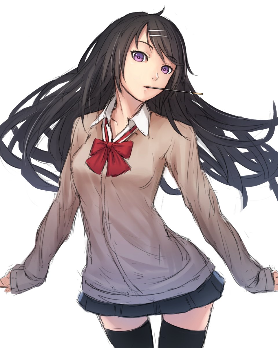 1girl arched_back bangs black_hair black_legwear black_skirt breasts brown_sweater commentary_request cowboy_shot food food_in_mouth hair_ornament hairclip head_tilt highres leaning_forward long_hair long_sleeves looking_at_viewer medium_breasts original pocky pocky_day red_ribbon ribbon school_uniform simple_background sketch skirt solo sugi_214 thigh-highs violet_eyes white_background