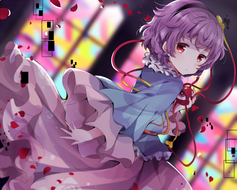 1girl black_hairband blue_shirt expressionless eyeball floral_print frilled_shirt_collar frills hairband heart komeiji_satori long_sleeves petals pink_hair pink_skirt red_eyes rose_print shirt short_hair skirt solo stained_glass third_eye touhou uguisu_mochi_(ykss35) wide_sleeves