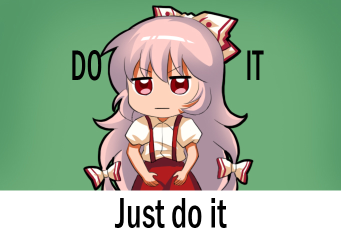 1girl bow chibi collared_shirt commentary_request eyebrows_visible_through_hair fujiwara_no_mokou green_background hair_bow hands_on_thighs jitome just_do_it_(meme) long_hair looking_at_viewer meme pants puffy_short_sleeves puffy_sleeves red_eyes shangguan_feiying shia_labeouf shirt short_sleeves solo suspenders text touhou very_long_hair white_hair