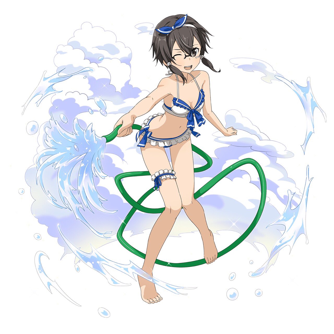 1girl ;d asada_shino barefoot bikini black-framed_eyewear black_hair blue_ribbon breasts cleavage collarbone frilled_bikini frills full_body glasses hair_ribbon hairband halter_top halterneck highres holding looking_at_viewer one_eye_closed open_mouth ribbon short_hair_with_long_locks sidelocks simple_background small_breasts smile solo standing swimsuit sword_art_online thigh_strap white_background white_bikini white_hairband white_ribbon