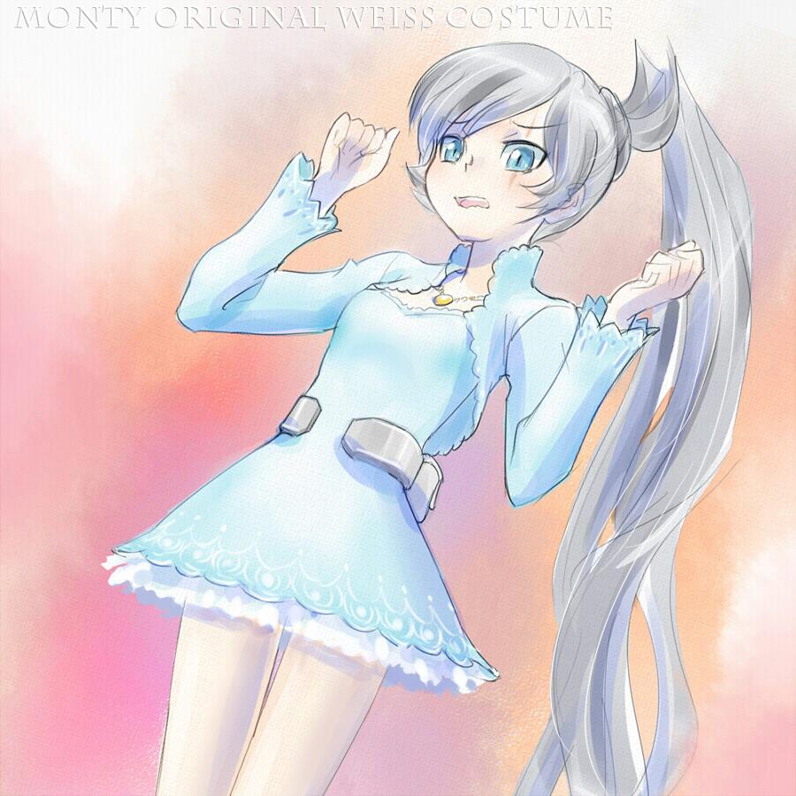 1girl blue_dress blue_eyes commentary_request dress english eye_scar iesupa jewelry long_hair necklace ponytail prototype rwby solo weiss_schnee white_hair