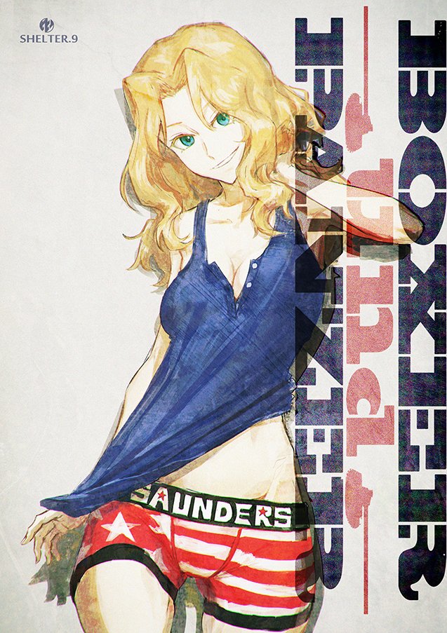 1girl blonde_hair boxer_briefs breasts cleavage contrapposto english girls_und_panzer green_eyes groin kay_(girls_und_panzer) medium_breasts shirt_pull sketch smile solo tank_top total white_background