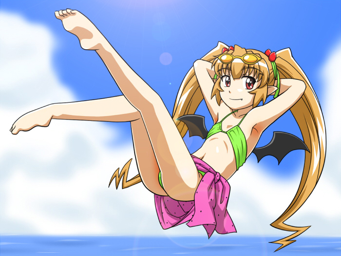 1girl armpits arms_behind_head bangs barefoot bat_wings bikini blue_sky brown_eyes closed_mouth clouds collarbone commentary_request day eyebrows_visible_through_hair fang flat_chest flying full_body goriate green_bikini green_ribbon hair_ribbon legs_up light_brown_hair long_hair looking_at_viewer navel ocean outdoors pachira pointy_ears renkin_san-kyuu_magical_pokaan ribbon sarong sidelocks sky smile soles solo sunglasses sunglasses_on_head swimsuit twintails very_long_hair wings