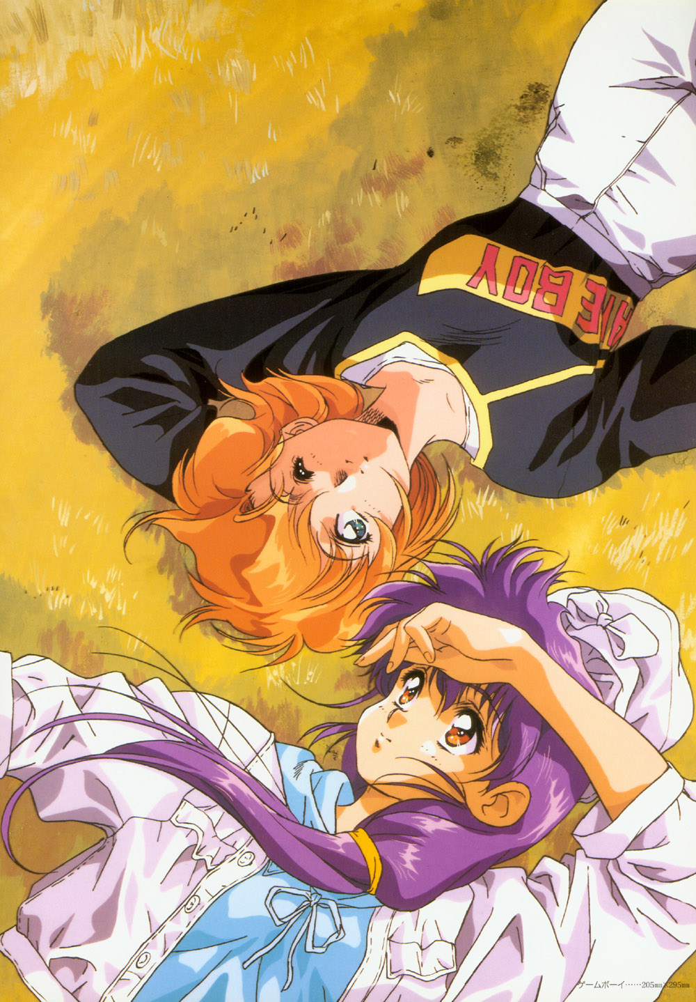 2girls aqua_eyes from_above hand_behind_head highres jacket long_hair long_sleeves looking_at_another lying multiple_girls on_back on_ground open_clothes open_jacket orange_hair purple_hair red_eyes short_hair smile urushihara_satoshi