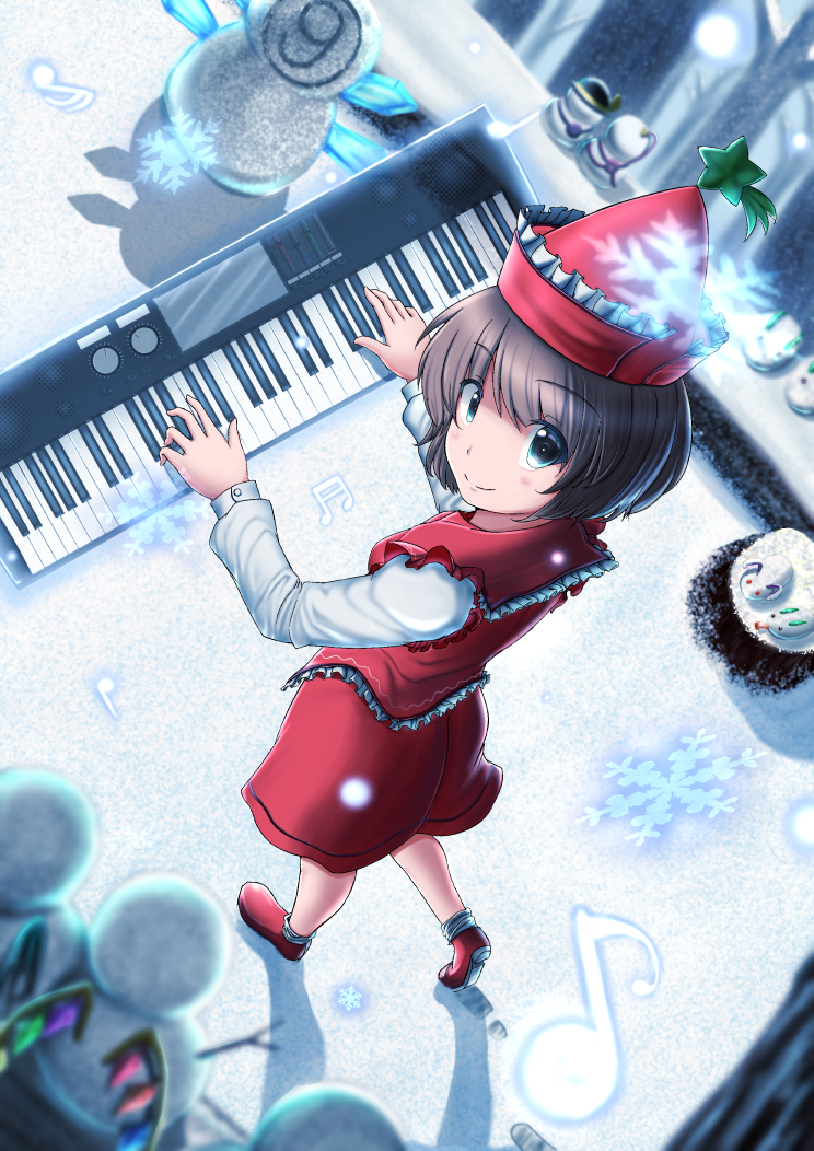 1girl aqua_eyes bangs black_hair blush foreshortening frills from_above full_body hat instrument keyboard_(instrument) looking_at_viewer looking_up luke_(kyeftss) lyrica_prismriver music musical_note outdoors playing_instrument red_shoes red_skirt red_vest shoes short_hair skirt skirt_set smile snow_bunny snowflakes snowing socks solo standing star touhou vest white_legwear
