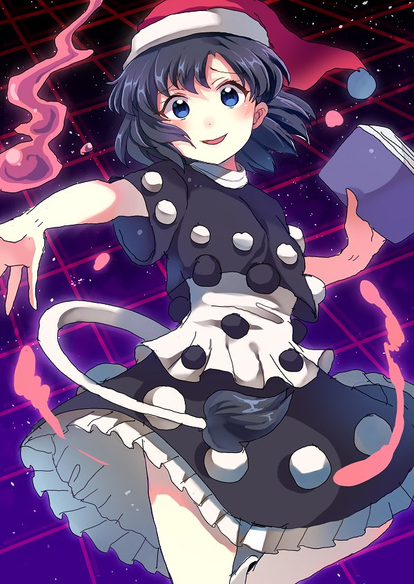 1girl blue_eyes blue_hair book doremy_sweet dream_soul dress frilled_dress frills hat holding holding_book nightcap outstretched_hand pom_pom_(clothes) sameya short_hair short_sleeves solo space tail tapir_tail touhou