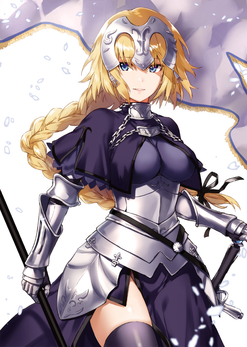 1girl arisaka_ako armor blonde_hair blue_eyes blurry braid breasts chains cowboy_shot depth_of_field eyebrows_visible_through_hair fate/apocrypha fate_(series) flag gauntlets hair_between_eyes hair_ribbon headpiece impossible_clothes impossible_shirt light_smile long_hair medium_breasts parted_lips petals polearm purple_legwear ribbon ruler_(fate/apocrypha) shirt side_slit simple_background single_braid solo sword thigh-highs tsurime turtleneck underbust very_long_hair weapon white_background