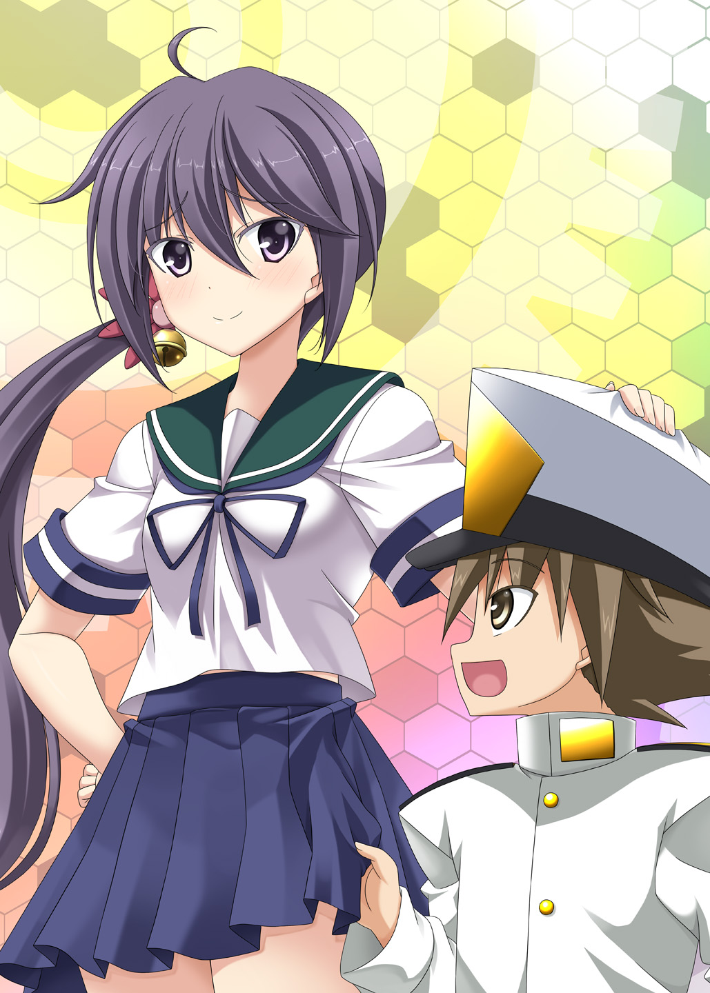 1boy 1girl ahoge akebono_(kantai_collection) bell brown_eyes brown_hair comic commentary_request epaulettes eyebrows_visible_through_hair flower hair_bell hair_between_eyes hair_flower hair_ornament hand_on_another's_hat hand_on_hip hat highres kantai_collection little_boy_admiral_(kantai_collection) long_hair long_sleeves looking_at_another military military_hat military_uniform open_mouth oversized_clothes peaked_cap pleated_skirt purple_hair rappa_(rappaya) school_uniform serafuku short_sleeves side_ponytail skirt skirt_pull smile uniform violet_eyes