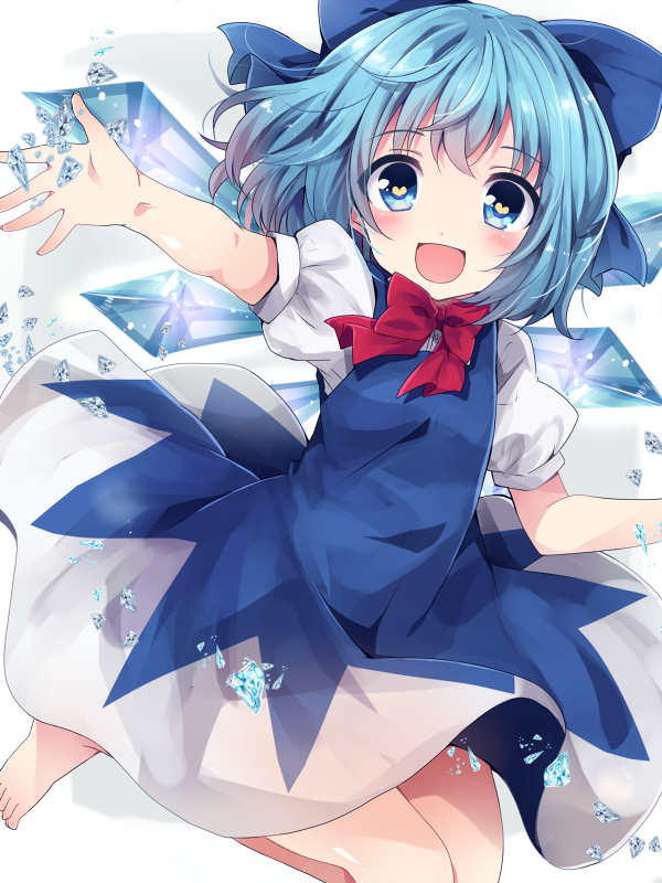 1girl :d barefoot blue_bow blue_dress blue_eyes blue_hair bow cirno dress hair_bow heart heart-shaped_pupils ice ice_wings open_mouth puffy_short_sleeves puffy_sleeves red_ribbon ribbon short_hair short_sleeves smile solo symbol-shaped_pupils toes touhou uguisu_mochi_(ykss35) wings
