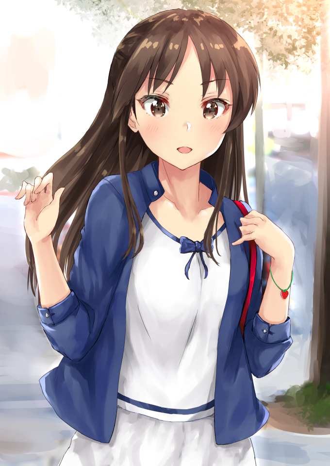 1girl bracelet brown_eyes brown_hair collarbone commentary_request idolmaster idolmaster_cinderella_girls jewelry long_hair looking_at_viewer older sg_(esujii) smile solo tachibana_arisu upper_body