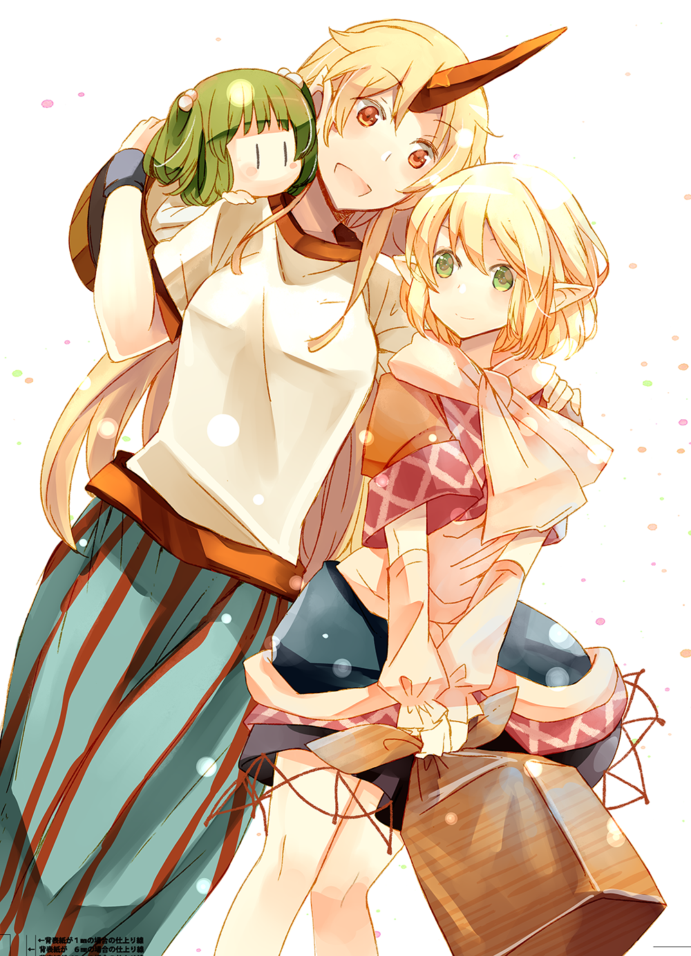 3girls arm_warmers atoki blonde_hair bucket green_eyes green_hair hand_on_another's_shoulder highres horn hoshiguma_yuugi kisume long_hair looking_at_another mizuhashi_parsee multiple_girls obentou open_mouth pointy_ears red_eyes scarf short_hair skirt smile touhou twintails
