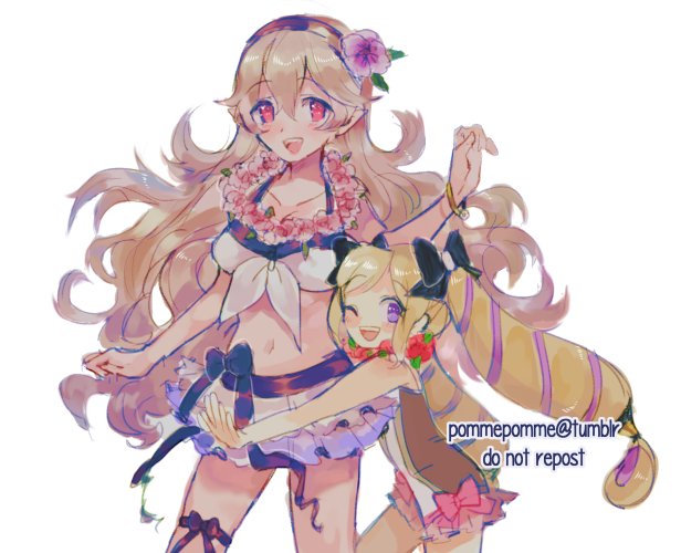 2girls bikini blonde_hair elise_(fire_emblem_if) fire_emblem fire_emblem_heroes fire_emblem_if flower gloves hairband hat hug long_hair looking_at_viewer multiple_girls my_unit_(fire_emblem_if) navel one-piece_swimsuit one_eye_closed pointy_ears red_eyes ribbon smile swimsuit twintails violet_eyes