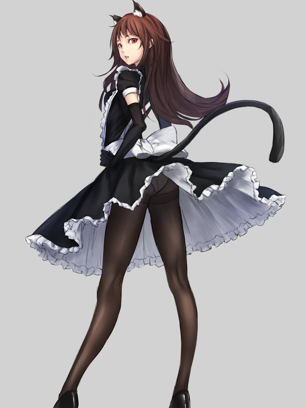 1girl animal_ears arched_back ass bangs black_gloves black_shoes brown_hair cat_ears cat_girl cat_tail commentary_request elbow_gloves expressionless frilled_skirt frills full_body gloves grey_background hands_on_hips high_heels highres legs long_hair long_legs looking_at_viewer looking_back maid open_mouth original puffy_sleeves red_eyes ribbon shoes short_sleeves skirt skirt_lift solo standing sugi_214 tail white_ribbon