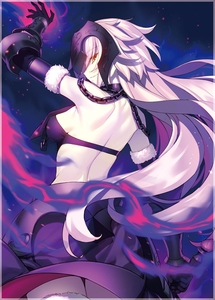 1girl arm_up armor bare_back black_gloves breasts chains cowboy_shot cropped elbow_gloves eyebrows_visible_through_hair fate/grand_order fate_(series) from_behind fur_trim gloves grin headpiece highres jeanne_alter long_hair looking_at_viewer looking_back medium_breasts pale_skin parted_lips profile ruler_(fate/apocrypha) sideboob skirt smile solo strapless thigh-highs tubetop vambraces very_long_hair yangsion yellow_eyes