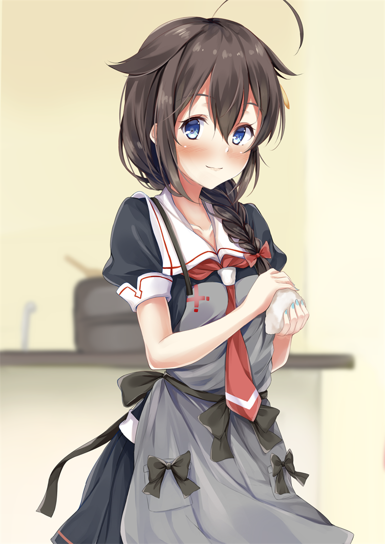 1girl ahoge apron aqua_nails bangs black_bow black_hair blue_eyes blurry blurry_background blush bow braid commentary_request cooking cowboy_shot eyebrows_visible_through_hair fingernails food hair_between_eyes hair_bow hair_flaps hair_over_shoulder holding holding_food indoors kantai_collection kitchen light_smile long_hair looking_at_viewer marisasu_(marisa0904) nail_polish onigiri pleated_skirt pot remodel_(kantai_collection) rice school_uniform serafuku shigure_(kantai_collection) short_sleeves single_braid skirt solo