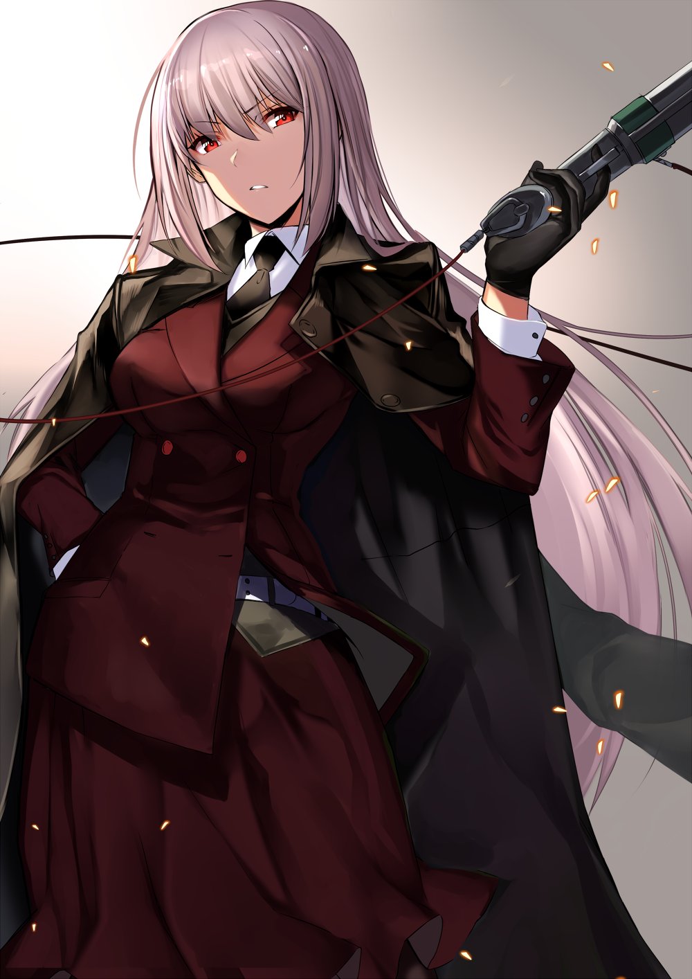 1girl alternate_costume alternate_hairstyle black_gloves black_necktie breasts cape coat double-breasted embers fate/grand_order fate_(series) florence_nightingale_(fate/grand_order) gloves gun hand_on_hip handgun highres jacket_on_shoulders karlwolf long_hair long_skirt necktie pistol red_eyes shirt silver_hair simple_background skirt solo very_long_hair vest weapon white_shirt