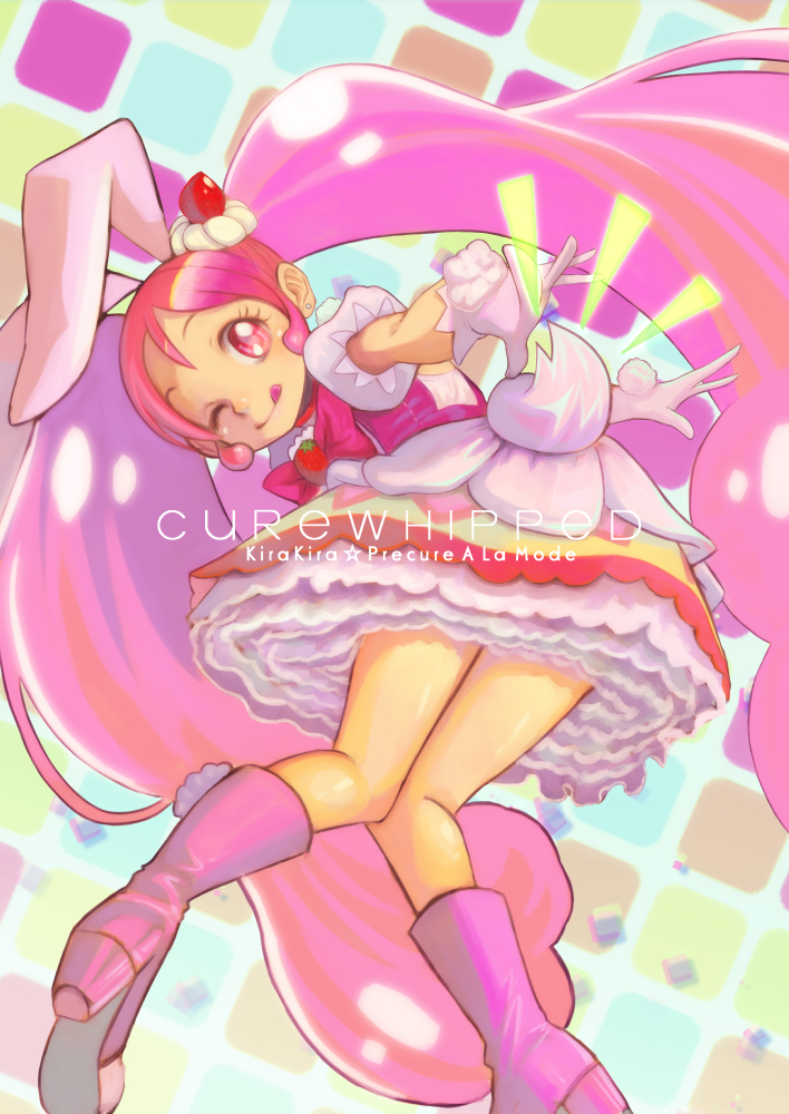1girl ;q animal_ears boots bow cake_hair_ornament copyright_name cure_whip food_themed_hair_ornament gloves hair_ornament jj_(ssspulse) kirakira_precure_a_la_mode knee_boots long_hair magical_girl multicolored multicolored_background one_eye_closed pink_boots pink_bow pink_eyes pink_hair precure rabbit_ears skirt solo tongue tongue_out twintails usami_ichika white_gloves