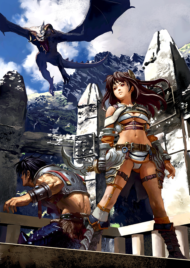 belt bikini boots bracer breasts brown_hair cloud denchi dragon earrings gauntlets jewelry knife long_hair male midriff mountain navel red_eyes ruins swimsuit thigh_strap underboob weapon wyvern