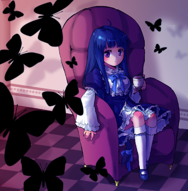 butterflies butterfly chess couch dress frederica_bernkastel long_hair purple_eyes sitting tea umineko_no_naku_koro_ni violet_eyes