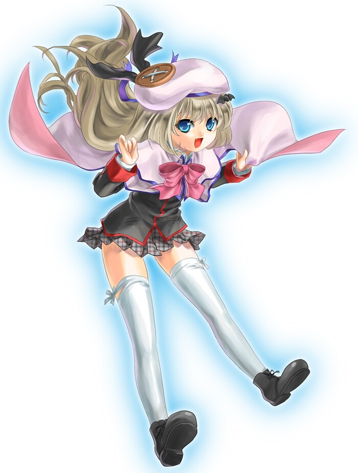 beret blonde_hair blue_eyes boots bow button buttons cape fang geroro hair_ornament hairclip hat large_buttons legs little_busters! little_busters!! long_hair noumi_kudryavka plaid skirt tartan thigh-highs thighhighs
