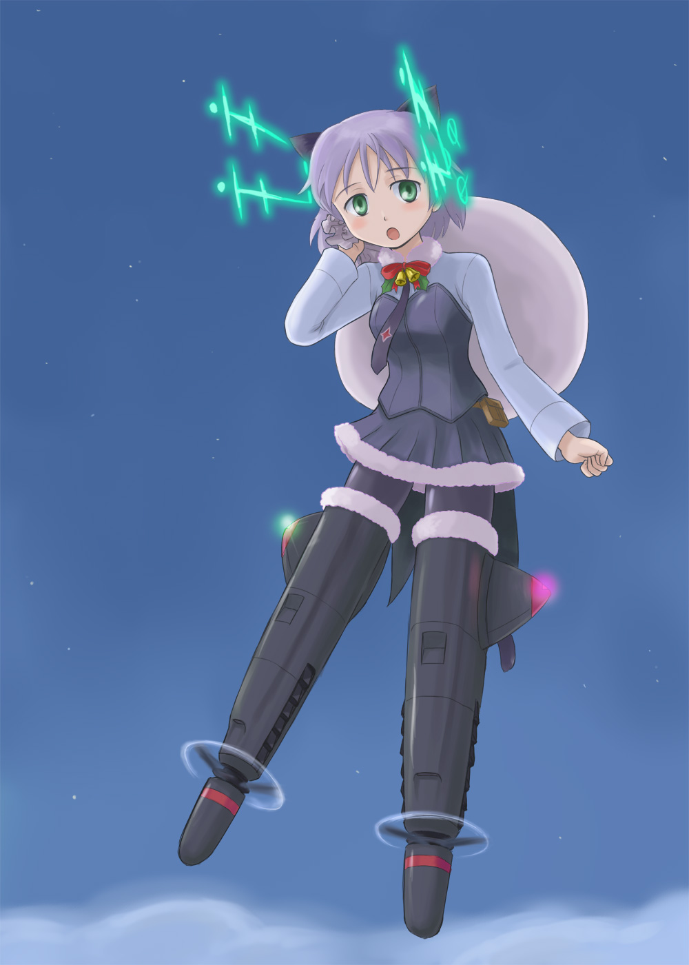 antenna antennae bell black_legwear blush cloud clouds denden highres hirschgeweih_antennas night pantyhose sack sanya_v_litvyak short_hair silver_hair skirt star stars strike_witches striker_unit striker_units tail