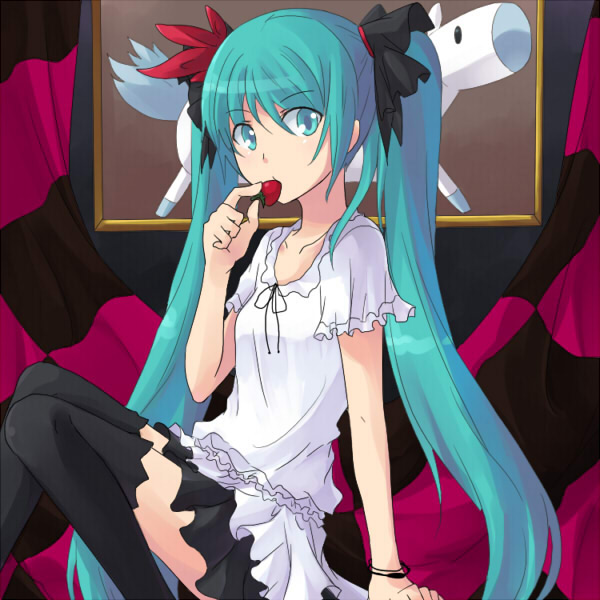 aqua_hair arm_support bad_id eating food fruit hatsune_miku horse long_hair riru sitting strawberries strawberry thigh-highs thighhighs twintails vocaloid world_is_mine_(vocaloid)