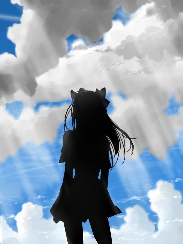 clouds hair_ribbon hair_ribbons nagareboshi ribbon ribbons silhouette skirt sky sunbeam sunlight