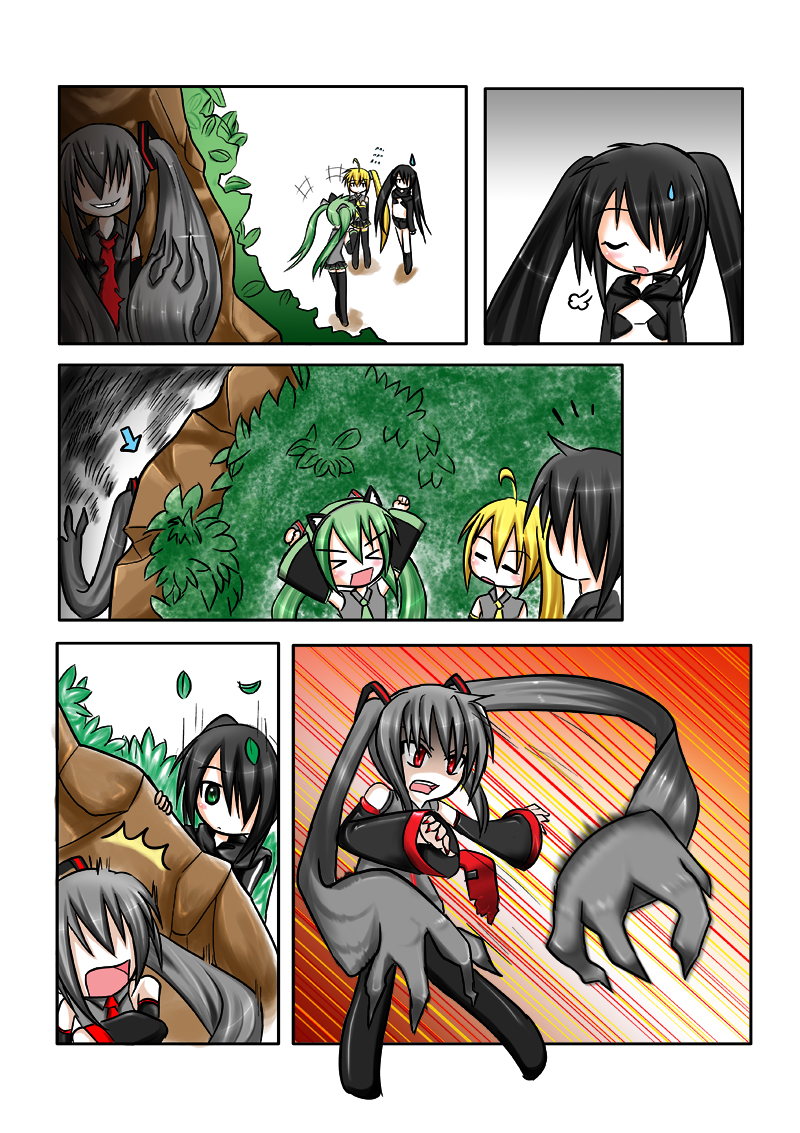 animal_ears black_rock_shooter black_rock_shooter_(character) cat_ears catstudio_(artist) comic evil_grin evil_smile grin hatsune_miku left-to-right_manga prehensile_hair silent_comic smile surprised vocaloid zatsune_miku