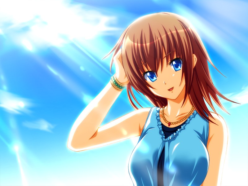 bracelet brown_hair casual game_cg jewelry mizuhara_yuu necklace shirayuki_touko short_hair sky sunbeam sunlight zettai_shiawase_sengen!