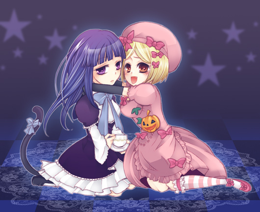 beret blonde_hair blue_hair blush cat_tail chess dress frederica_bernkastel happy hat hug lambdadelta long_hair multiple_girls pearl pearls pink_dress pumpkin pumpkins purple_eyes red_eyes ribbon ribbons short_hair sitting smile star stars tail tea umineko_no_naku_koro_ni violet_eyes