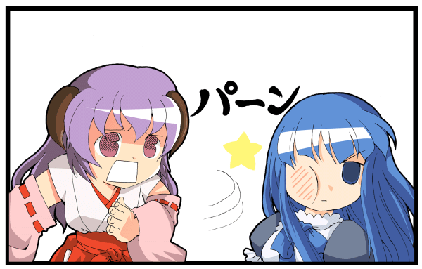 blue_eyes blue_hair dress frederica_bernkastel hanyuu higurashi_no_naku_koro_ni horns long_hair multiple_girls purple_hair slap slapping star stars umineko_no_naku_koro_ni yanagihara_tantoui